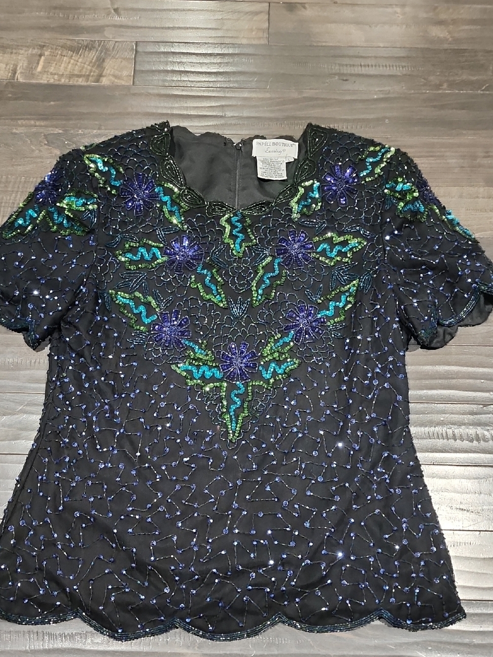 Papell Boutique Black Evening Top with Blue & Green Sequin Floral Detail